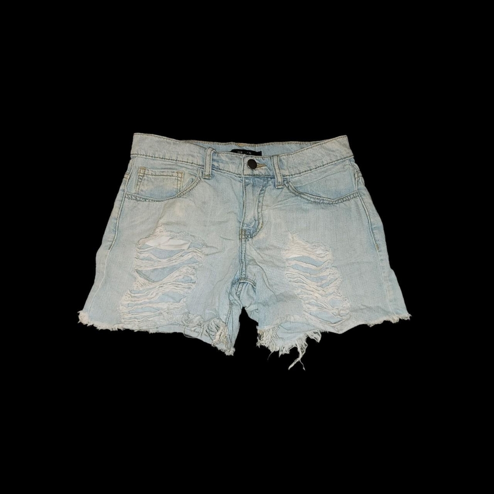 Distressed mid rise light washed denim shorts